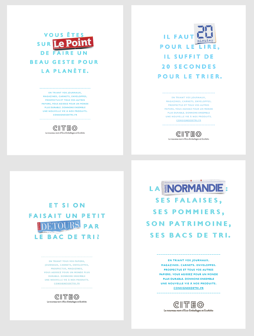 Publicités conçues par Citeo et les éditeurs de presse pour sensibiliser au tri des papiers